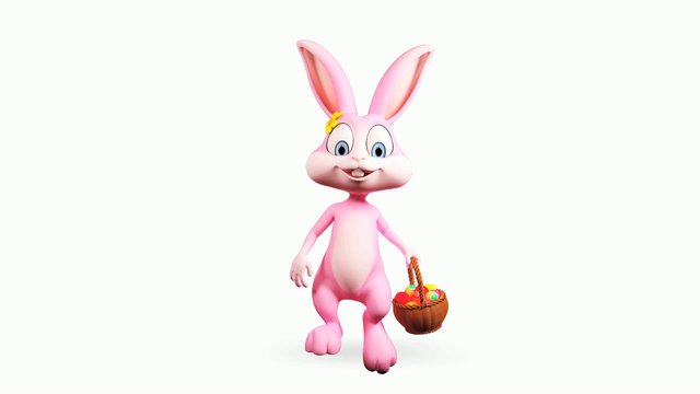 Easter happy bunny walking with color eggs basket