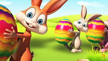 Easter happy bunny walking with color eggs - Powered by Adobe