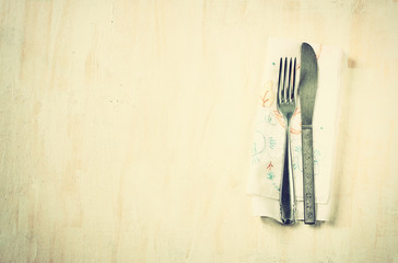 top view of silver fork and knife