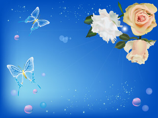blue butterflies and light roses