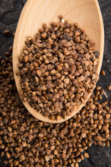 Buckwheat seeds on wooden spoon in closeup