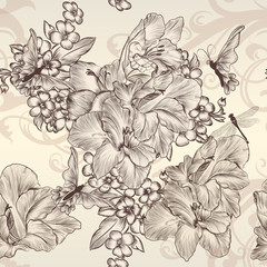 Beautiful vector seamless wallpaper with flowers in vintage styl