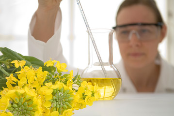 Laboratory worker with beaker of vegetable oil - obrazy, fototapety, plakaty