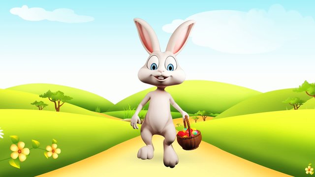 Easter happy bunny with eggs basket and walk