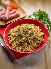 rice with sausage, selective focus