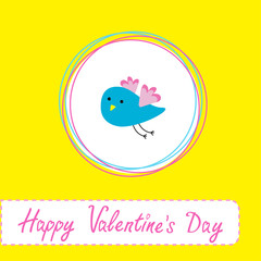 Congratulations card with cute blue bird. Happy Valentines Day