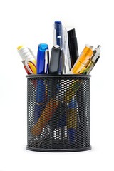 Black office pot with pencils and pens on a white background.