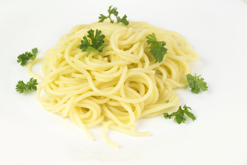Spaghetti pasta decorated with parsley