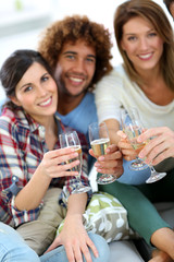 Fototapeta premium Closeup of friends cheering with glass of wine