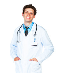 Portrait of the smiling doctor on a white
