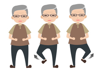 Old man character lifting foot to exercise