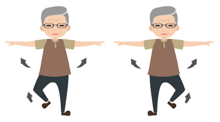 Old man character stretching arm and lifting foot