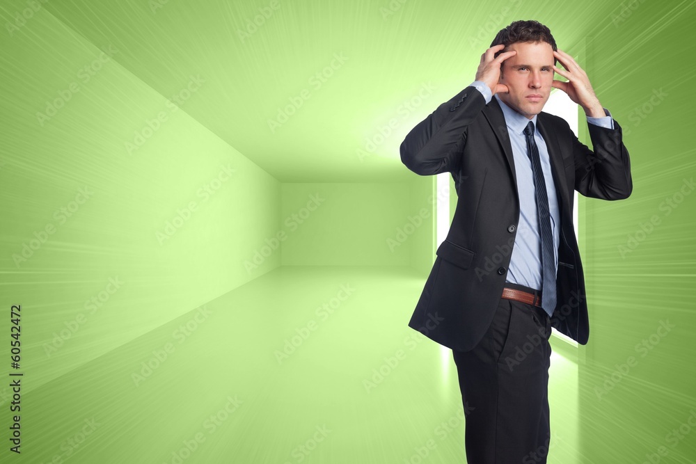 Poster composite image of stressed businessman with hands on head