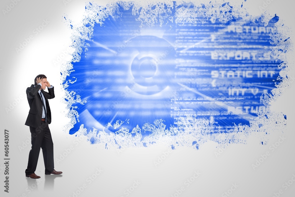 Poster composite image of stressed businessman with hands on head