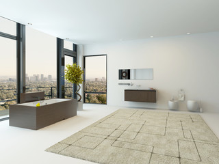 Pure clean white bathroom interior with bathtub