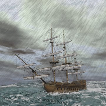 Old ship in the storm - 3D render