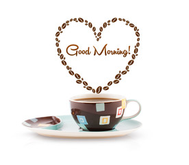 Coffee mug with coffee beans shaped heart with good morning sign