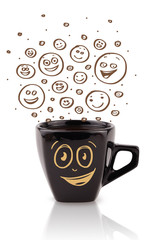 Coffee-cup with brown hand drawn happy smiley faces