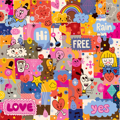 Fototapeta premium hand drawn sketchy fun cartoon collage pattern