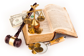 gavel scales of justice,money and old book