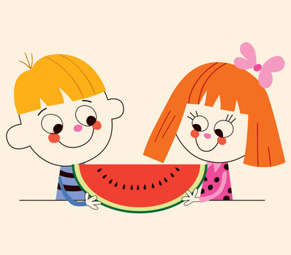 little boy and little girl with watermelon