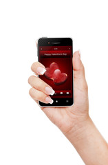hand holding mobile phone with valentine's day wishes