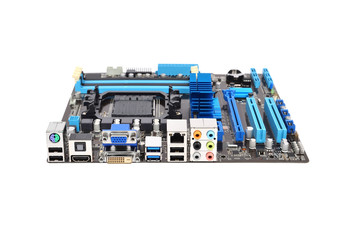 Printed computer motherboard, isolated on a white background