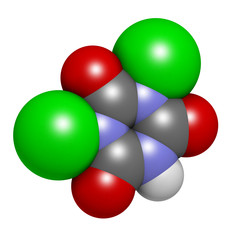 Troclosene (dichloroisocyanuric acid) molecule.