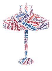 Words illustration of the warplane over white background