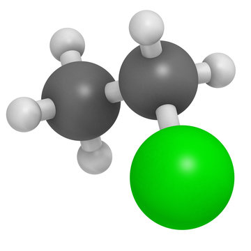 Chloroethane (ethylchloride) Molecule.