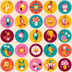 flowers, birds, mushrooms & snails characters circles pattern