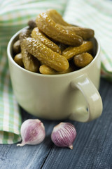 Jar with pickled cucumbers, close-up, vertical shot