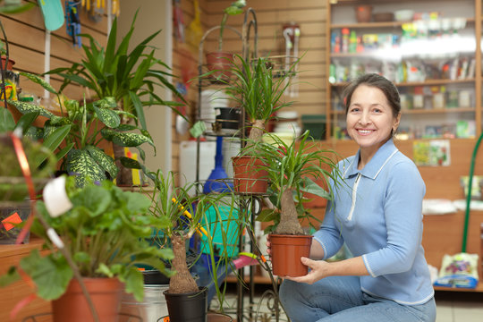 Happy Mature Woman With Nolina Plant