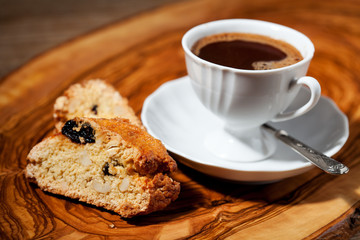 Traditional Italian cantuccini cookies and cup of coffee