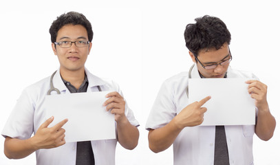 Male doctor with a folder, standing isolated on white