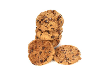 Chocolate chip cookies on white background