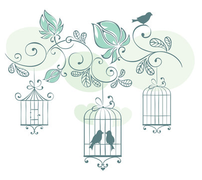 Floral background with birds in cage
