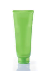 Green  bottles of liquid soap on white background