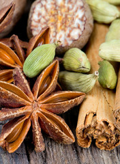 spices on wooden surface