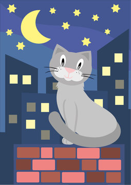 Vector illustration of cat sitting on brick wall