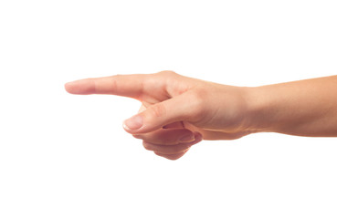 Pointing human hand on white background
