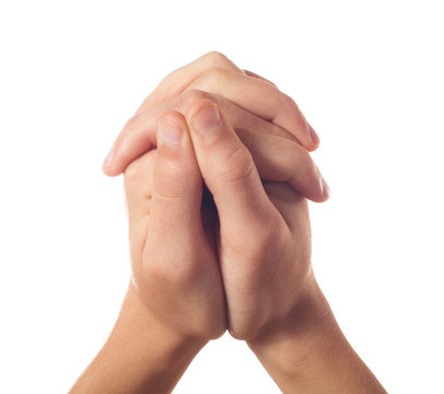 Two human hands on white background