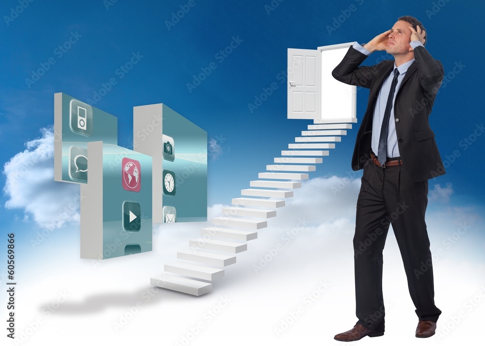 Poster composite image of stressed businessman with hands on head