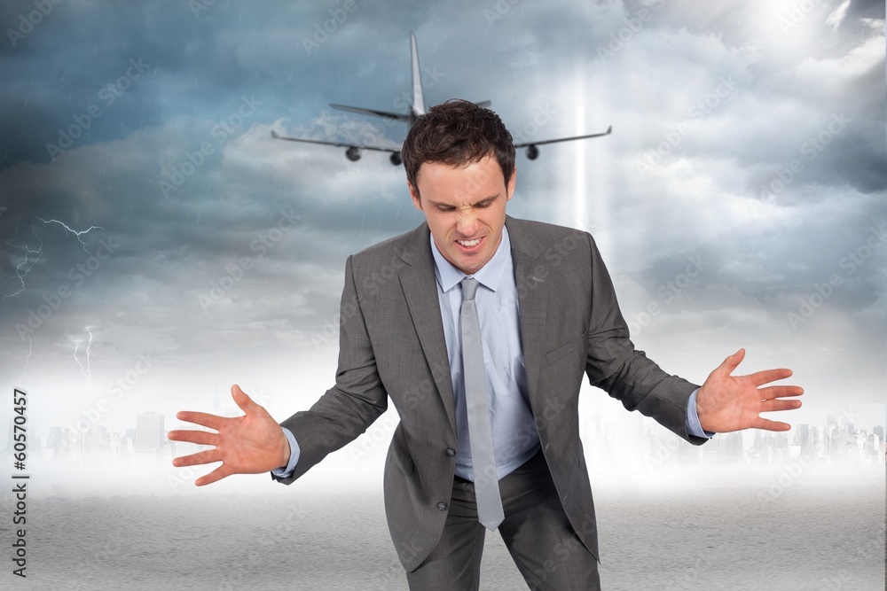 Poster composite image of businessman posing with hands out