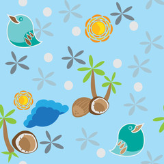 seamless pattern with bird, palm tree and coconuts