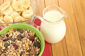 Delicious and healthy cereal in bowl with milk