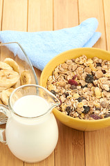 Delicious and healthy cereal in bowl with milk
