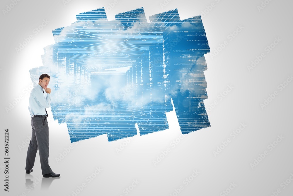 Poster composite image of thoughtful businessman with hand on chin