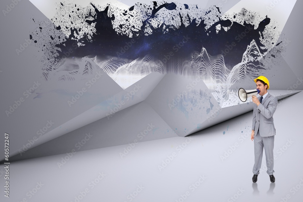 Poster composite image of young architect yelling with a megaphone