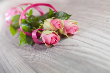 Elegant pink roses on wood